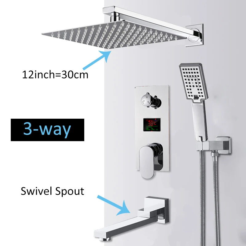 Chrome Bathroom Digital Display Shower Faucet Set Rainfall Shower LCD 2-way Mixer Tap Bathtub Shower System Bath Shower Mixer