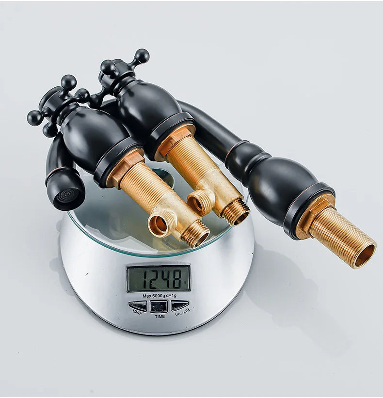 Brass Bathroom Faucet Set Dual Holder Three-hole Wash Basin Faucet Split Hot and Cold Water Sink Taps 5pc Black Tap