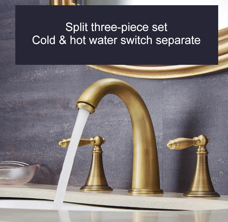 ELLEN Antique Bronze Bath Sink Faucet Double Handle Basin Sink Faucet Hot and Cold Water Mixer 3 Hole Bathroom Faucet ELF8001-3