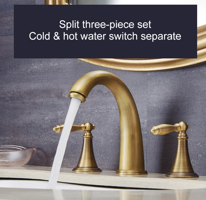 ELLEN Antique Bronze Bath Sink Faucet Double Handle Basin Sink Faucet Hot and Cold Water Mixer 3 Hole Bathroom Faucet ELF8001-3