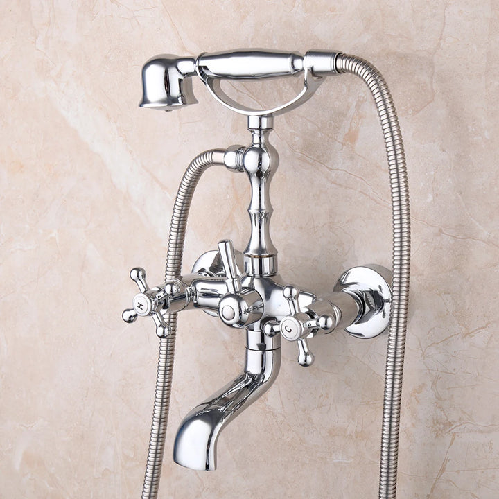JIENI Brass Bathroom Basin Faucet Bathtub Shower Set Chrome Polish Water Mixer Tap Wall Mounted Telephone Hand Shower Faucet