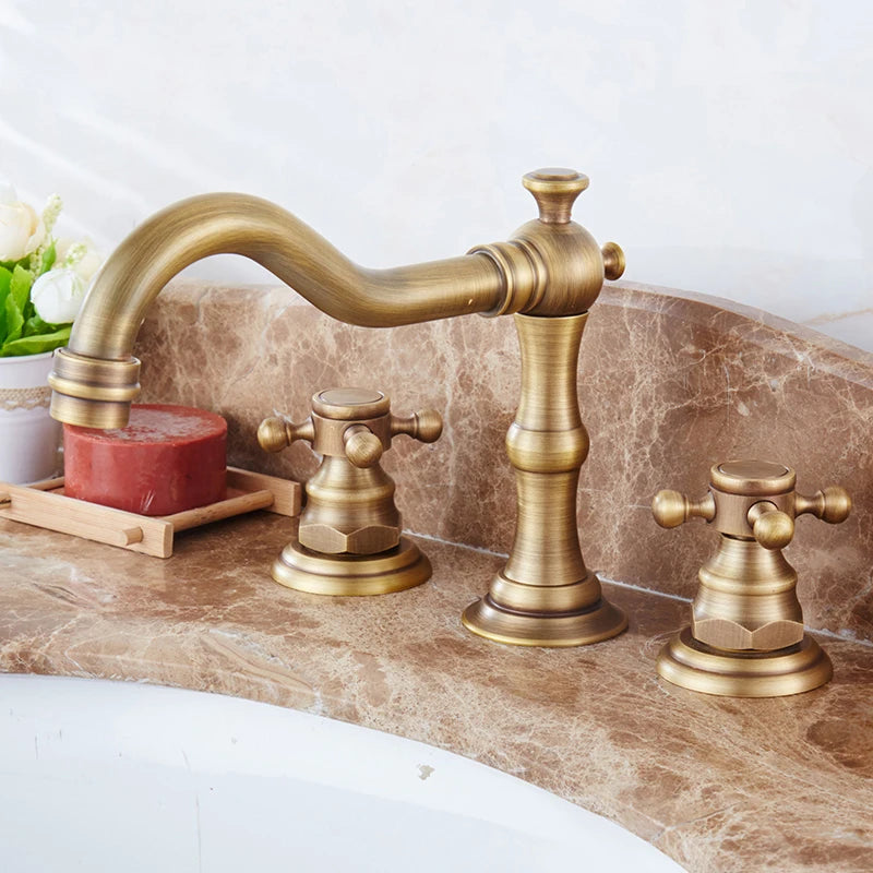 ELLEN Antique Bronze Bath Sink Faucet Double Handle Basin Sink Faucet Hot and Cold Water Mixer 3 Hole Bathroom Faucet ELF8001-3