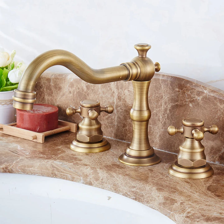 ELLEN Antique Bronze Bath Sink Faucet Double Handle Basin Sink Faucet Hot and Cold Water Mixer 3 Hole Bathroom Faucet ELF8001-3