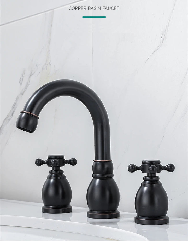 Brass Bathroom Faucet Set Dual Holder Three-hole Wash Basin Faucet Split Hot and Cold Water Sink Taps 5pc Black Tap