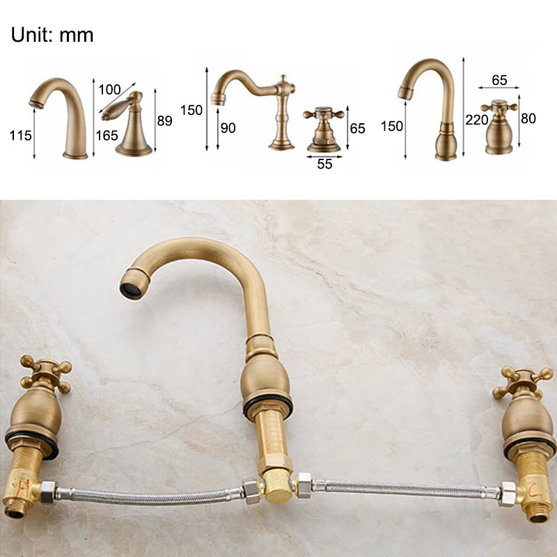 ELLEN Antique Bronze Bath Sink Faucet Double Handle Basin Sink Faucet Hot and Cold Water Mixer 3 Hole Bathroom Faucet ELF8001-3