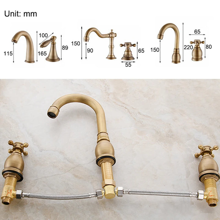 ELLEN Antique Bronze Bath Sink Faucet Double Handle Basin Sink Faucet Hot and Cold Water Mixer 3 Hole Bathroom Faucet ELF8001-3