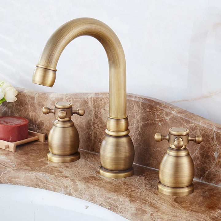 ELLEN Antique Bronze Bath Sink Faucet Double Handle Basin Sink Faucet Hot and Cold Water Mixer 3 Hole Bathroom Faucet ELF8001-3