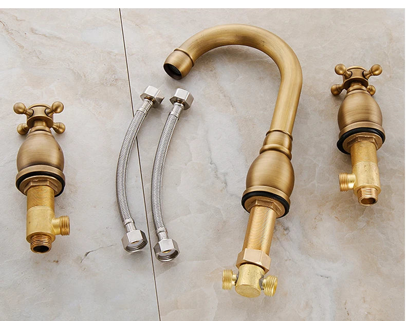 ELLEN Antique Bronze Bath Sink Faucet Double Handle Basin Sink Faucet Hot and Cold Water Mixer 3 Hole Bathroom Faucet ELF8001-3