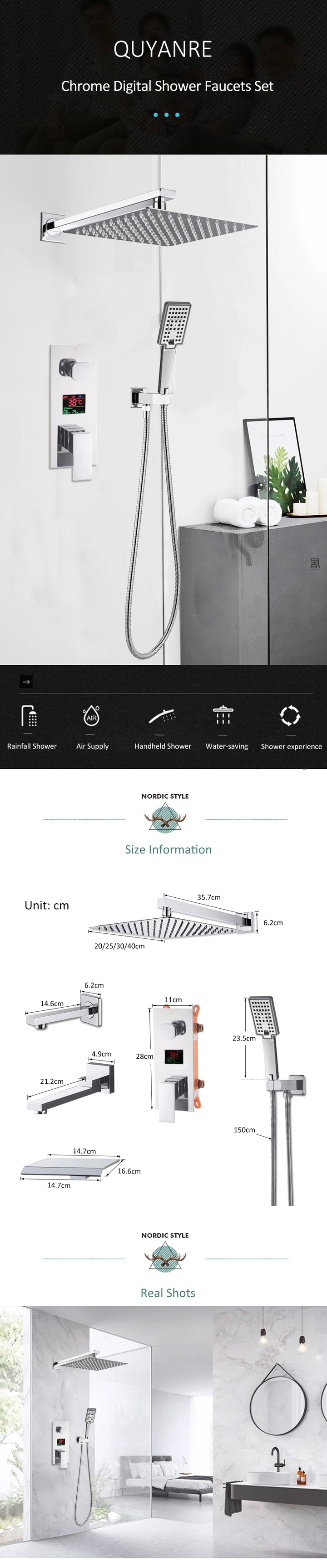 Chrome Bathroom Digital Display Shower Faucet Set Rainfall Shower LCD 2-way Mixer Tap Bathtub Shower System Bath Shower Mixer