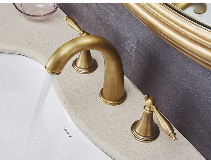 ELLEN Antique Bronze Bath Sink Faucet Double Handle Basin Sink Faucet Hot and Cold Water Mixer 3 Hole Bathroom Faucet ELF8001-3