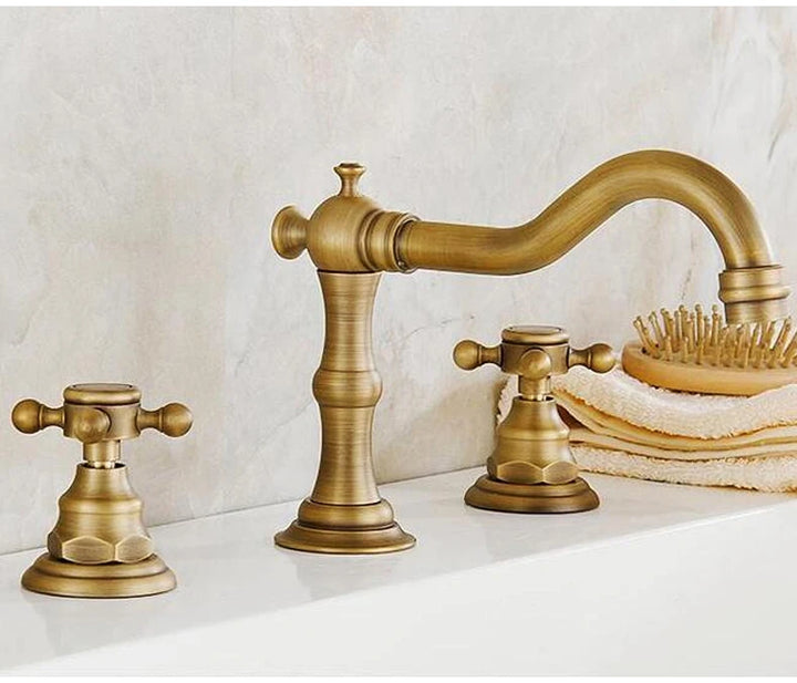 ELLEN Antique Bronze Bath Sink Faucet Double Handle Basin Sink Faucet Hot and Cold Water Mixer 3 Hole Bathroom Faucet ELF8001-3