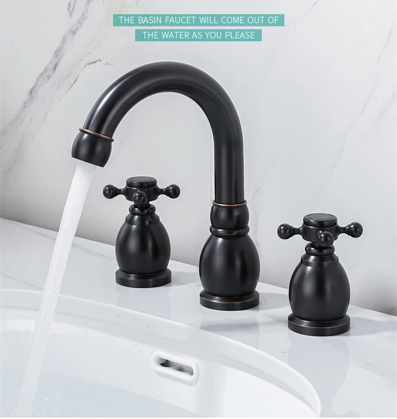 Brass Bathroom Faucet Set Dual Holder Three-hole Wash Basin Faucet Split Hot and Cold Water Sink Taps 5pc Black Tap