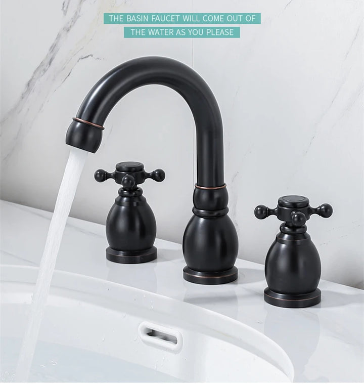Brass Bathroom Faucet Set Dual Holder Three-hole Wash Basin Faucet Split Hot and Cold Water Sink Taps 5pc Black Tap