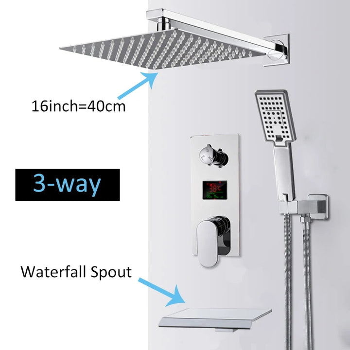 Chrome Bathroom Digital Display Shower Faucet Set Rainfall Shower LCD 2-way Mixer Tap Bathtub Shower System Bath Shower Mixer