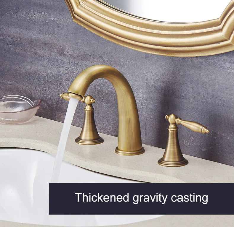 ELLEN Antique Bronze Bath Sink Faucet Double Handle Basin Sink Faucet Hot and Cold Water Mixer 3 Hole Bathroom Faucet ELF8001-3