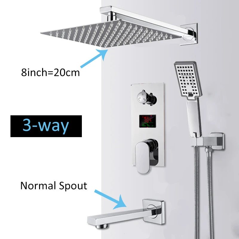 Chrome Bathroom Digital Display Shower Faucet Set Rainfall Shower LCD 2-way Mixer Tap Bathtub Shower System Bath Shower Mixer