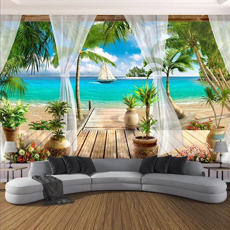 Custom Mural Wallpaper Modern 3D Balcony Sea View Poster Background Sticker Living Room Bedroom TV Sofa Home Decor 3D Fresco