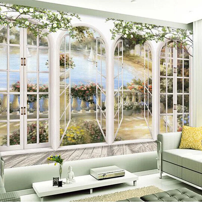 Custom 3D Stereo Window Views Garden Pool Photo Wallpaper Landscape Wall Decor Embossed Paper Wallpaper