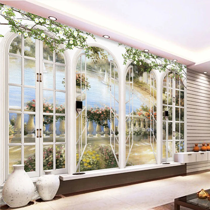 Custom 3D Stereo Window Views Garden Pool Photo Wallpaper Landscape Wall Decor Embossed Paper Wallpaper