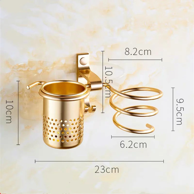 Hair Dryer Rack Silver/Gold Space Aluminum Bathroom Hair Dryer Shelf Wall Mounted Hair Dryer Holder Storage Rack Hooks With Cup