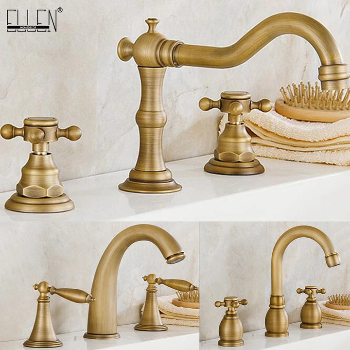 ELLEN Antique Bronze Bath Sink Faucet Double Handle Basin Sink Faucet Hot and Cold Water Mixer 3 Hole Bathroom Faucet ELF8001-3