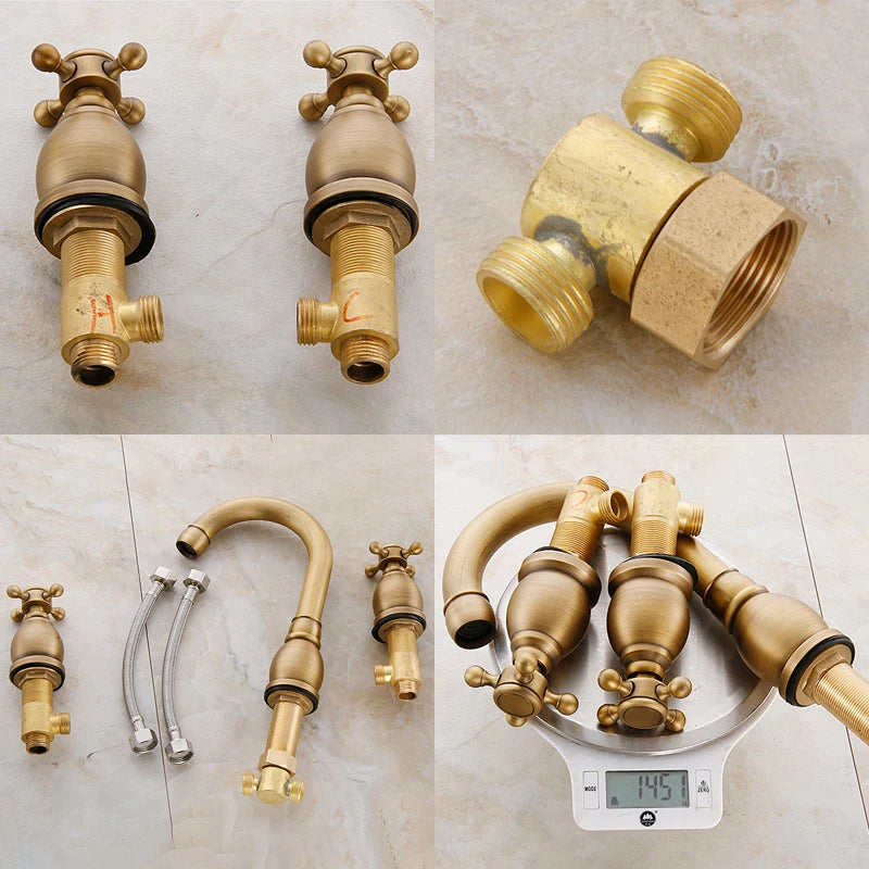 ELLEN Antique Bronze Bath Sink Faucet Double Handle Basin Sink Faucet Hot and Cold Water Mixer 3 Hole Bathroom Faucet ELF8001-3