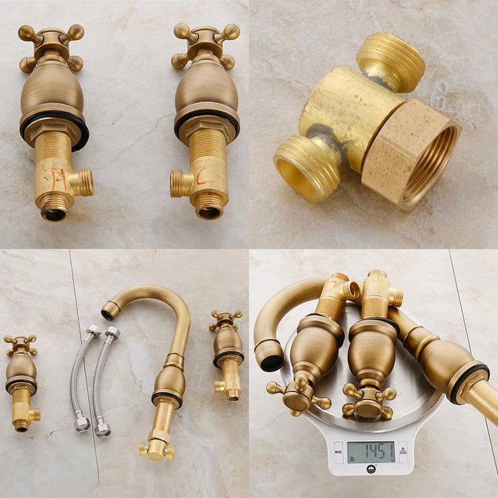 ELLEN Antique Bronze Bath Sink Faucet Double Handle Basin Sink Faucet Hot and Cold Water Mixer 3 Hole Bathroom Faucet ELF8001-3