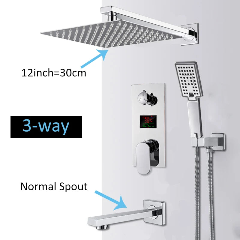 Chrome Bathroom Digital Display Shower Faucet Set Rainfall Shower LCD 2-way Mixer Tap Bathtub Shower System Bath Shower Mixer
