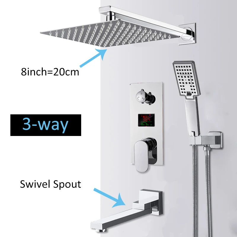 Chrome Bathroom Digital Display Shower Faucet Set Rainfall Shower LCD 2-way Mixer Tap Bathtub Shower System Bath Shower Mixer