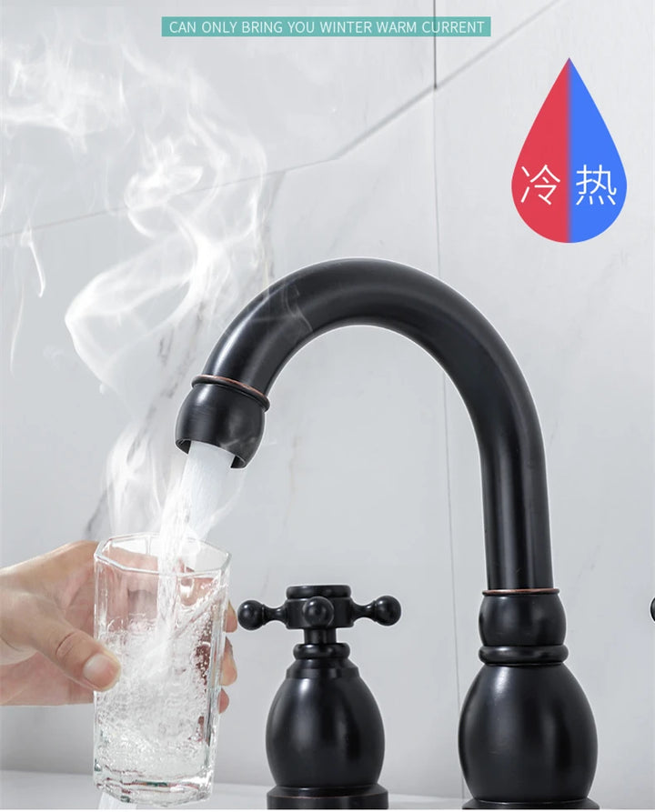 Brass Bathroom Faucet Set Dual Holder Three-hole Wash Basin Faucet Split Hot and Cold Water Sink Taps 5pc Black Tap