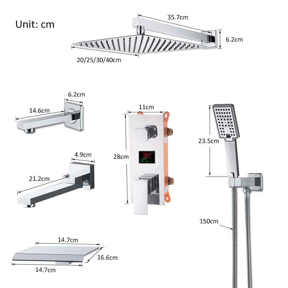 Chrome Bathroom Digital Display Shower Faucet Set Rainfall Shower LCD 2-way Mixer Tap Bathtub Shower System Bath Shower Mixer