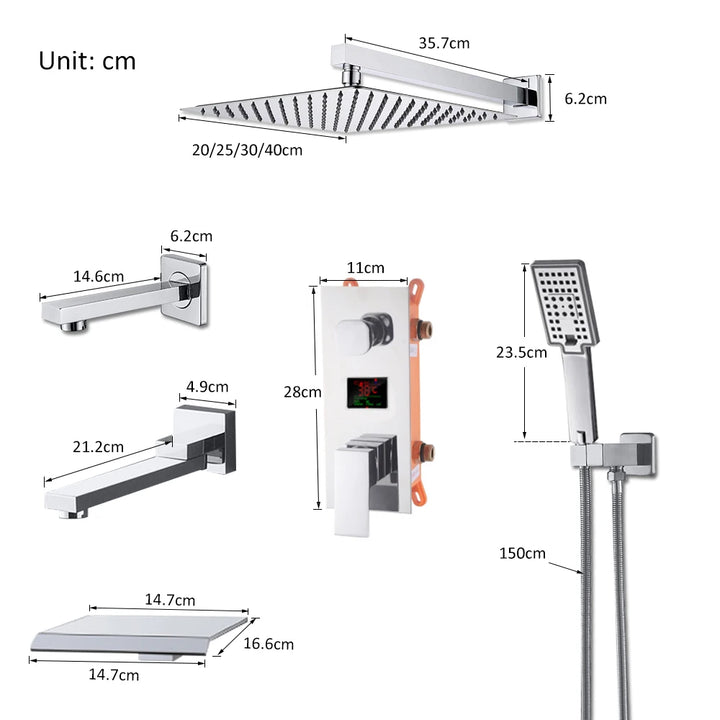 Chrome Bathroom Digital Display Shower Faucet Set Rainfall Shower LCD 2-way Mixer Tap Bathtub Shower System Bath Shower Mixer