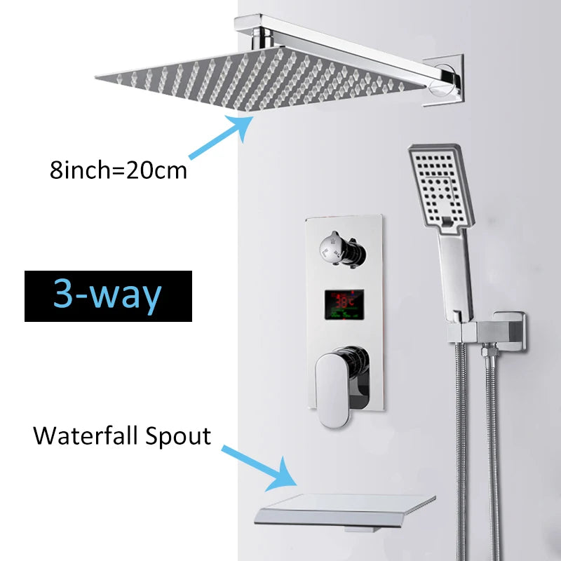 Chrome Bathroom Digital Display Shower Faucet Set Rainfall Shower LCD 2-way Mixer Tap Bathtub Shower System Bath Shower Mixer