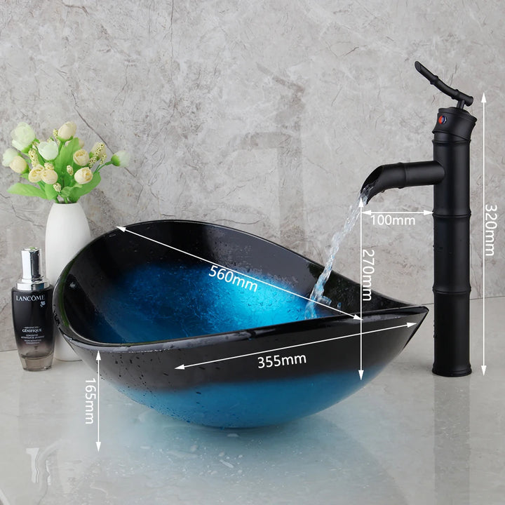 KEMAIDI Bathroom Sink Countertop Basin Bowl with Faucet Washroom Vessel Vanity Sinks Tempered Glass Basin Washbasin Faucet Set