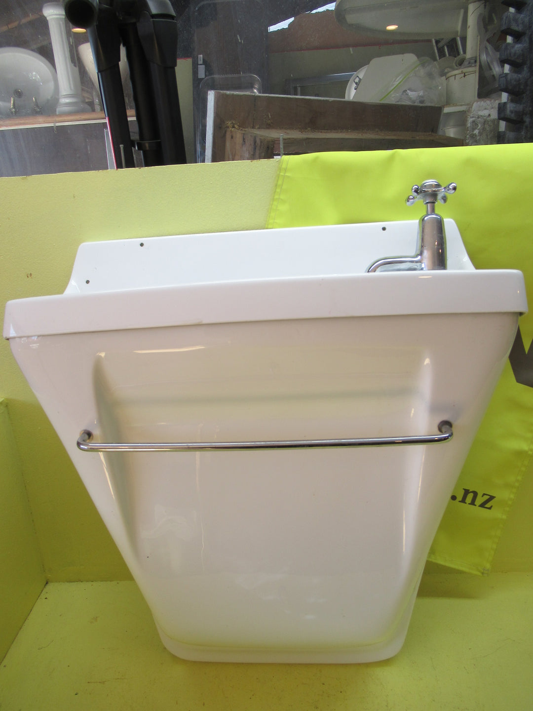 Narrow Plastic Basin with a Towel Rail & Cover that hides Plumbing 54H x 48W x 190D