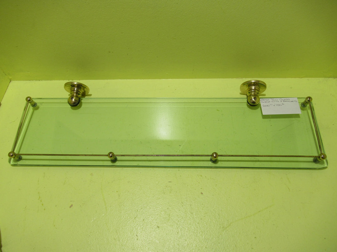 Brass Trim Glass Shelf with 2 Brackets 600W x 150D