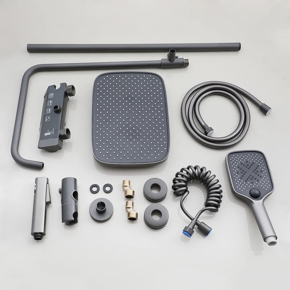 KEMAIDI Piano Key Shower Faucet Set Grey Shower System 4 Function Bathroom Rain Shower Combo Set Brass Bathtub Faucets Mixer