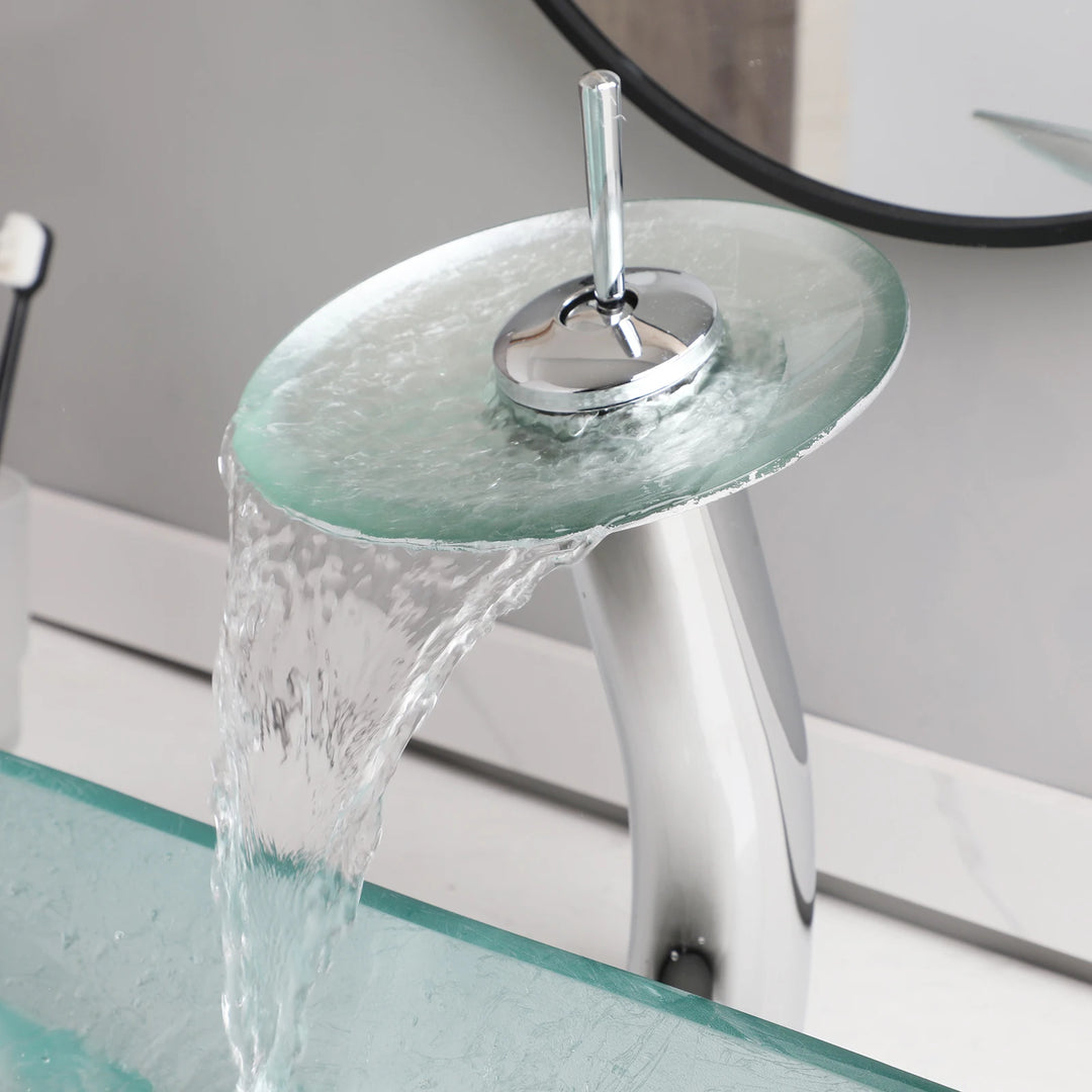 KEMAIDI Big Tempered Glass Basin Sink Washbasin Bathroom Vessel Sinks Counter Top Bowl Washroom Vessel Vanity Sink Faucet Set