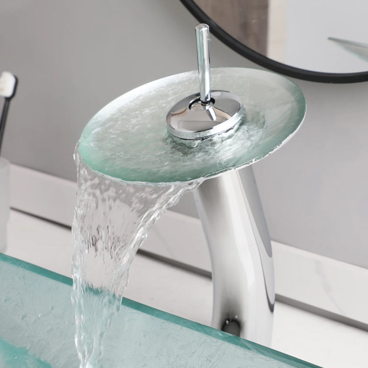 KEMAIDI Big Tempered Glass Basin Sink Washbasin Bathroom Vessel Sinks Counter Top Bowl Washroom Vessel Vanity Sink Faucet Set