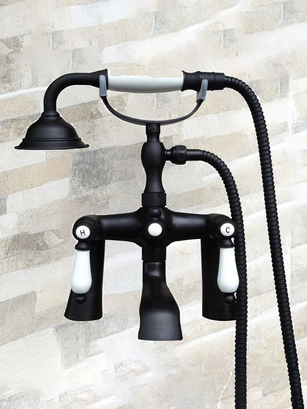 Black Oil Rubbed Brass Deck Mounted Bathtub Mixer Faucet Double Ceramic Handle Tub Water Taps With Handheld Sprayer Ntf504