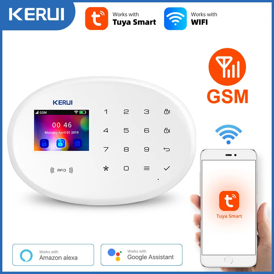 KERUI Tuya Smart WIFI GSM Alarm System Works With Alexa Home Security Wireless 433Mhz Burglar Alarm Door Window Sensor Detector