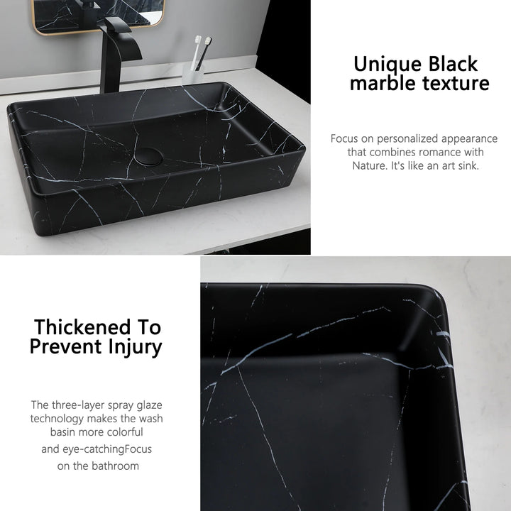 KEMAIDI Black Vanity Sink Rectangle Marble Bathroom Vessel Sink Above Counter Sinks for Bathrooms