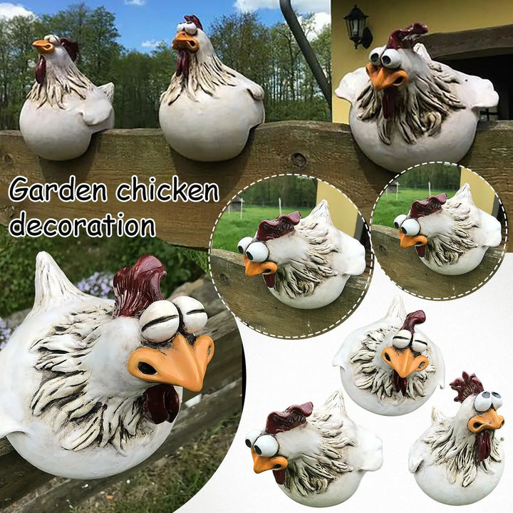 Chicken Sitting on Fence Decor Garden Statues for Fences Rooster Wall Art Yard Sculptures Farm Patio Lawn Decoration