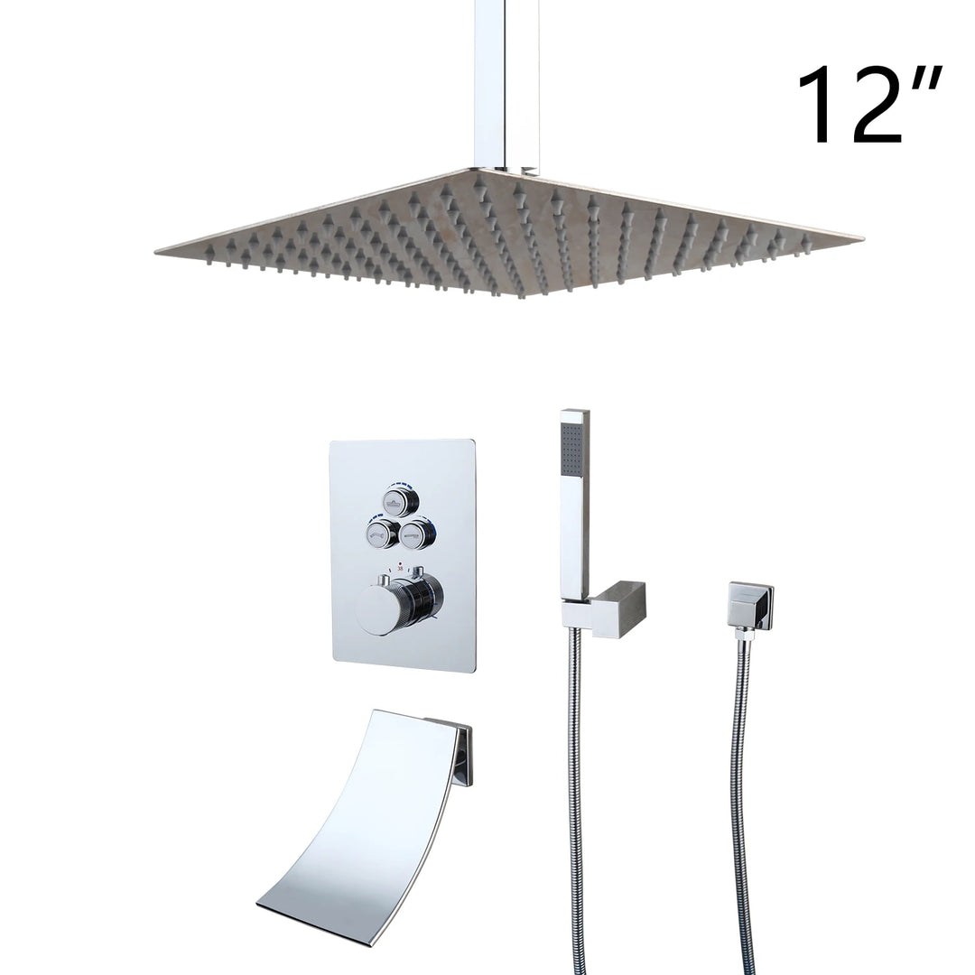 KEMAIDI Bathroom Wall Mount Thermostatic Rainfall Shower Faucet Set Chrome Concealed Shower System Waterfall Tub Spout Mixer Tap