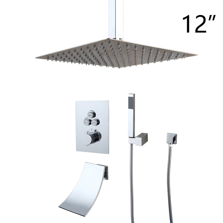 KEMAIDI Bathroom Wall Mount Thermostatic Rainfall Shower Faucet Set Chrome Concealed Shower System Waterfall Tub Spout Mixer Tap