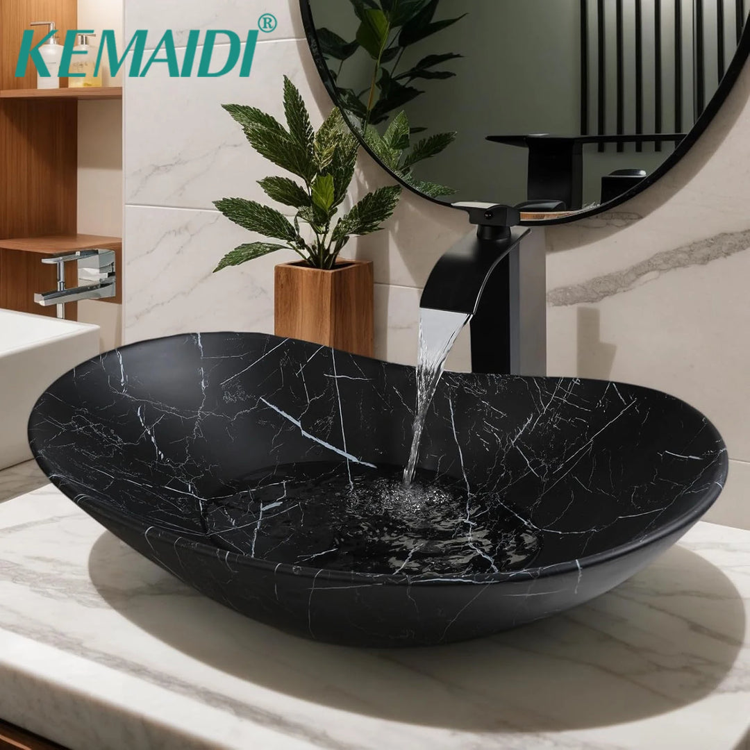 KEMAIDI Black Ceramic Vessel Sink with Faucet and Drain Combo 24 inch Oval Above Counter Bathroom Sink Bowl with Marbling Basin