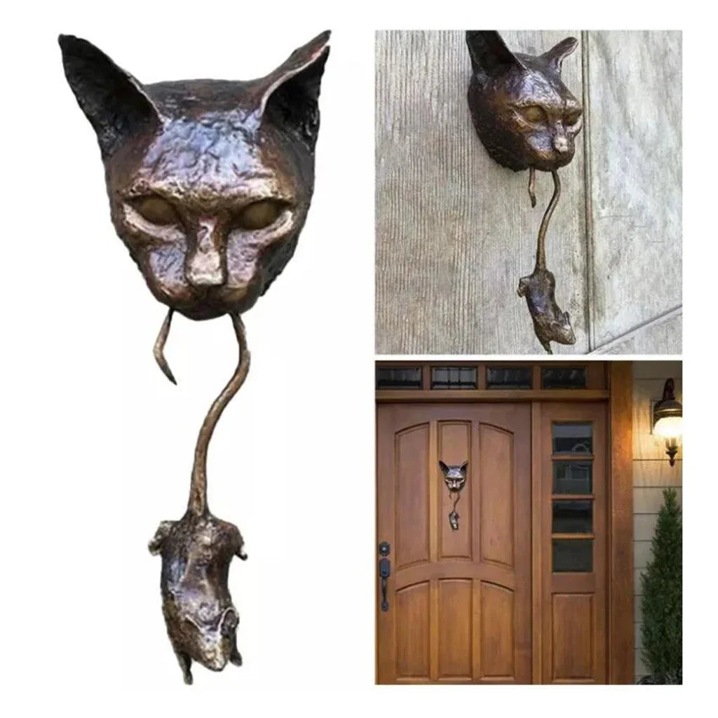 Cat and Mouse Statue Resin Wall Sculpture Pendant Knocker Decoration for Door