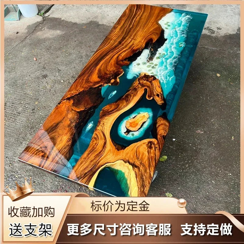 Epoxy resin river table walnut log solid wood large board  poplar tea table simple