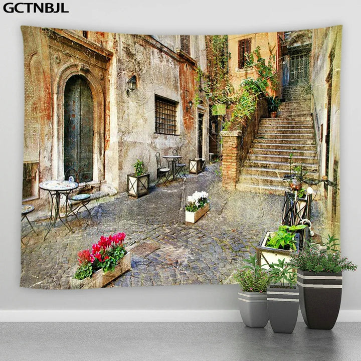 Landscape Wall Hanging Tapestry Ltaly Rural Small Town Street Architecture Retro Style Background Decor Hippie Bedroom Blanket