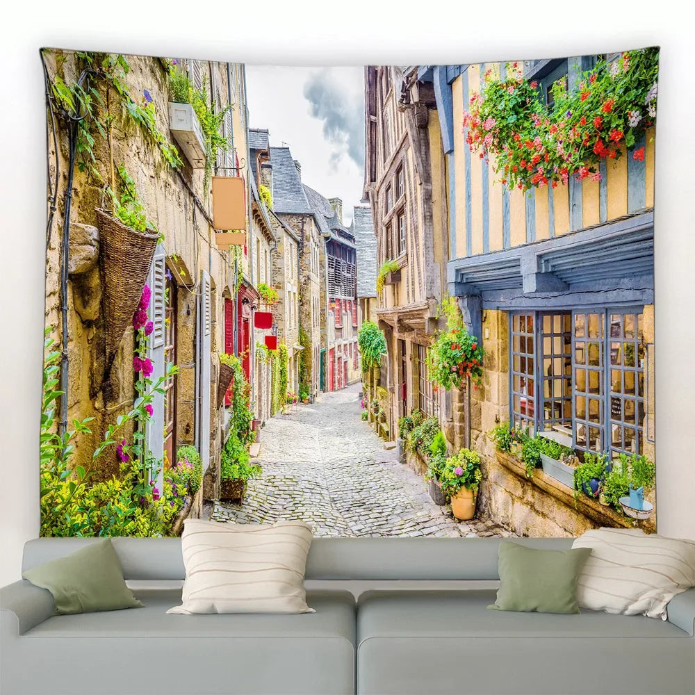 Landscape Wall Hanging Tapestry Ltaly Rural Small Town Street Architecture Retro Style Background Decor Hippie Bedroom Blanket